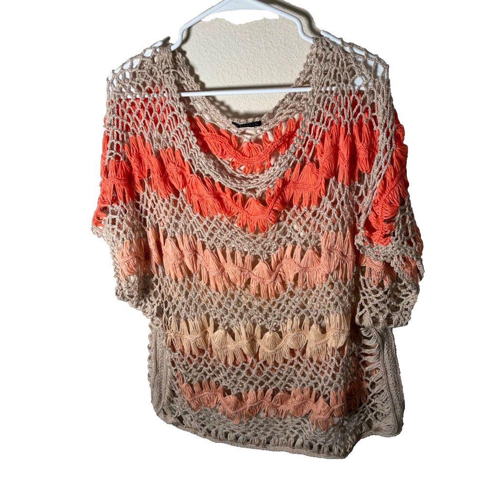 Venus Sweater Women's Large Open Knit Crochet Beige Pink Striped Summer